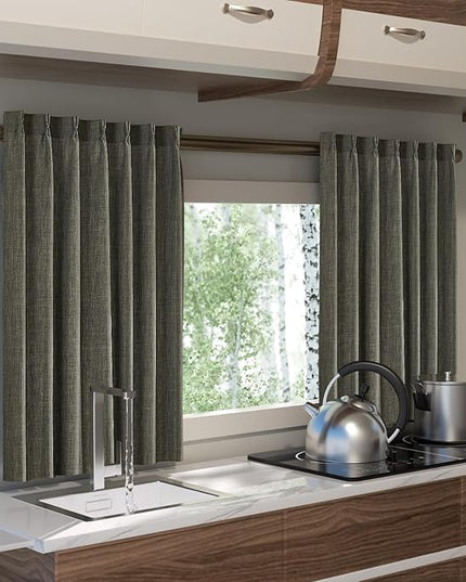 63 Inch Short Olive Green Linen Curtains 2 Panel Set for Small Windows,Pinch Pleated Ktichen Rustic Country Linen Light Filtering Drapes Privacy Back Tab Semi Sheer Curtains 63 Inches Length