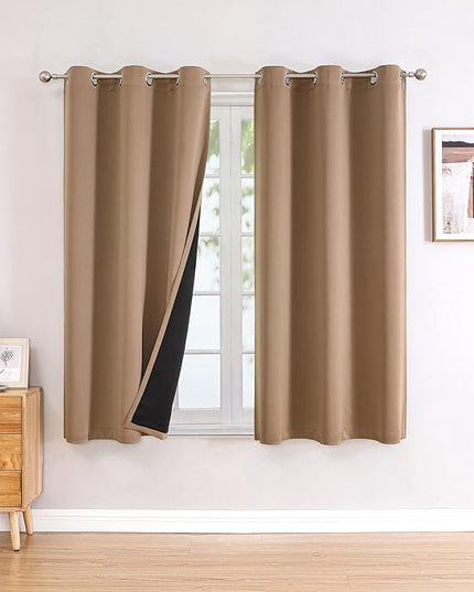 ChrisDowa 100% Blackout Curtains for Bedroom with Black Liner, 2 Thick Layers Total Blackout Thermal Insulated Grommet Window Curtains 2 Panels Set (Cappuccino, 42 x 63 Inch)