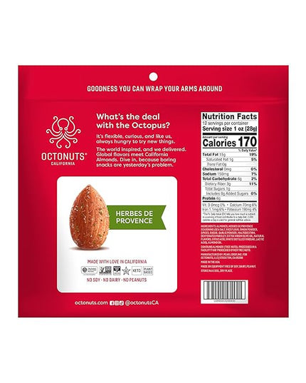 Octonuts Herbs de Provence Almonds – 12 Individually Wrapped Snack Packs (1oz Each), Healthy Snacks for Adults and Kids, Non-GMO, Keto and Gluten-Free, Roasted in Cold Pressed Olive Oil