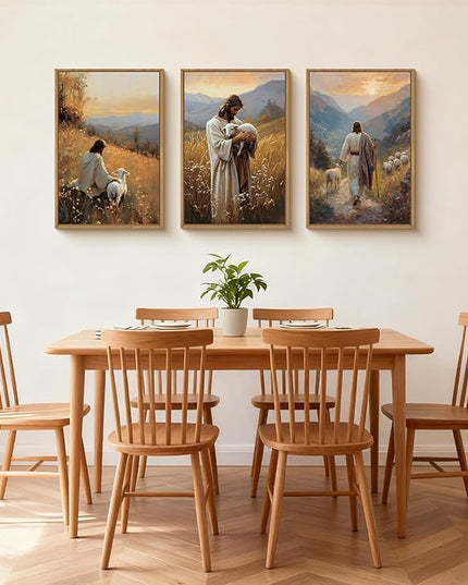HOURIA Jesus Leaves The 99 Sheep Framed Canvas Wall Art Set,Christian The Lost Sheep Wall Decor,Jesus Embraces Lamb Artwork,Religious Biblical Art Prints for Living Room, Bedroom, Church- 24"x36"x3