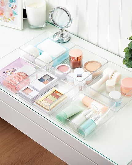STORi SimpleSort 6-Piece Stackable Clear Drawer Organizer Set | 6" x 6" x 2" Square Trays | Small Makeup Vanity Storage Bins and Office Desk Drawer Dividers | Made in USA