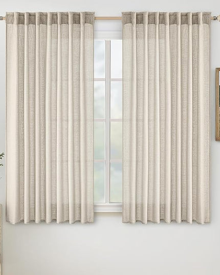 MIULEE Cream Linen Curtains 63 Inch Length 2 Panels for Bedroom Living Room, Soft Linen Textured Window Drapes Semi Sheer Light Filtering Back Tab Rod Pocket Farmhouse Modern Burlap Look Decor