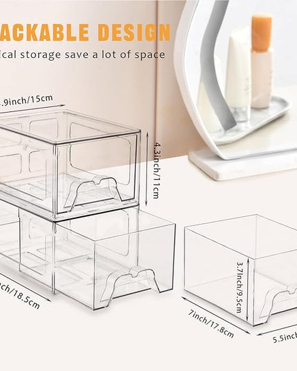 6 Pack Stackable Makeup Organizer, 4.4'' Tall Acrylic Bathroom Makeup Organizer and Storage Drawer with Pull-out Handle, Clear Plastic Storage Bins for Vanity,Pantry,Desk,Undersink,Kitchen