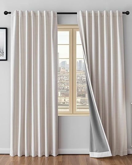 100% Blackout Curtains 84 inch Length 2 Panels Faux Linen Long Drapes for Bedroom Living Room Black Out Room Darkening Curtain Thermal Insulated Back Tab Rod Pocket(W37 x L84, Natural)