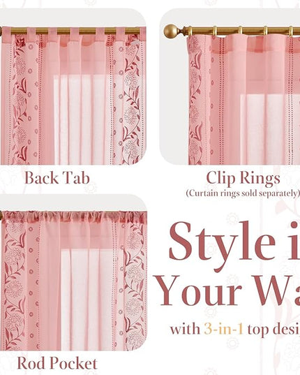 jinchan Winslow Pink Sheer Curtains 84 Inch for Bedroom Living Room Embroidered Bordered Floral Nursery Curtains for Girls Room Dorm Light Filtering, 2 Panels, 50W x 84L