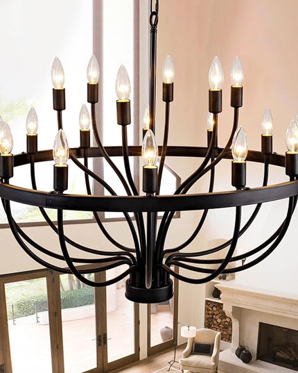 31.5 Inch Chandelier 18 Light Black Dining Room Light Fixture, Black Farmhouse Chandeliers for Dining Room, Large Chandelier Rustic Industrial Candle Chandeliers for Hallway, Entryway,Office,Bar