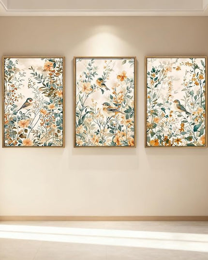 ANHUIB Large Neutral Floral Wall Art 16x24 Inch Beige Botanical Wall Decor Bird Painting Set of 3 for Living Room Bedroom Barhroom
