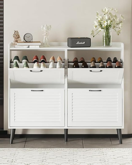 Maupvit Shoe Storage Cabinet with 4 Flip Louvered Doors, Freestanding Organizer with Metal Hinges ＆ Wooden Legs, Shoe Cabinet for Entryway, Narrow Shoe Rack Cabinet, White