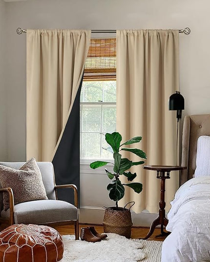 BGment 100% Blackout Curtains for Bedroom with Black Liner, Double Layer Full Room Darkening Noise Reducing Thermal Insulated Rod Pocket Curtain (42 x 72 Inch, Beige, 2 Panels)