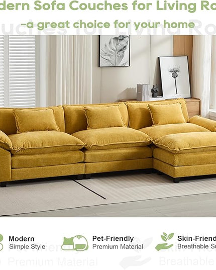 120" Modular Sectional Sofa, Comfy Cloud Couch Sectional Sofa with Ottoman, Chenille Sofa Sleeper Deep Seat Sofa with Throw Pillows for Living Room (Yellow, 120"- L Shape)
