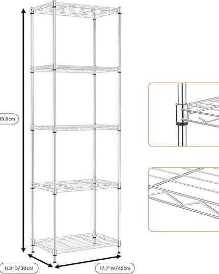 5 Tiers Shelf Metal Storage Shelves Wire Rack Closet Organizers with Wheel for Garage Kitchen Bathroom Laundry Chrome 11.8" D x 17.7" W x 55" H