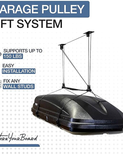 StoreYourBoard Cargo Box Pulley System – Heavy-Duty Garage Hoist Lift for Rooftop Carriers – Garage Storage & Garage Organization Ceiling Hoist with Pulley – Holds 150 lbs - Fits 8–10 ft Ceilings