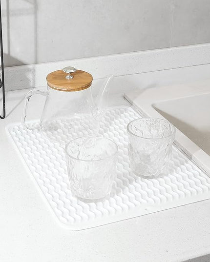 Silicone Dish Drying Mat for Multiple Usage,Easy clean,Eco-friendly,Heat-resistant Silicone Mat for Kitchen Counter or Sink,Refrigerator or drawer liner White L 16 inches x 12 inches