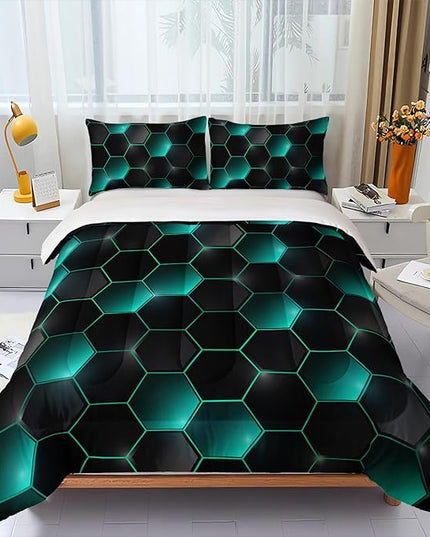 Geometric Black Green Neon Comforter Set,Light Honeycomb 3 Piece Bedding Set Full for Teen Boys,Modern Bedding Quilt Set Geometry Decor,Microfiber Lightweight 1 Comforter 2 Pillowcases All Season