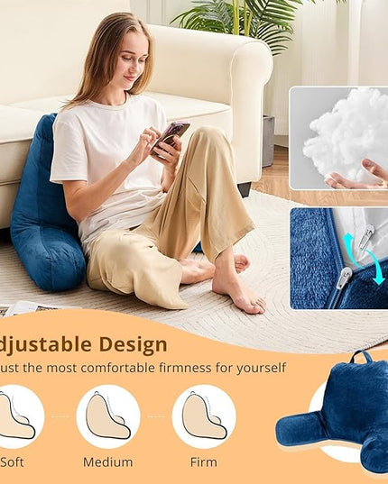 Sasttie Reading Pillow, Velvet Back Pillow for Bed Sitting Up, Adult Back-Rest Support Cushion with Arms for Sit Up on Couch, Sofa, and Floor, Dorm Essentials, Reading Accessories, Navy