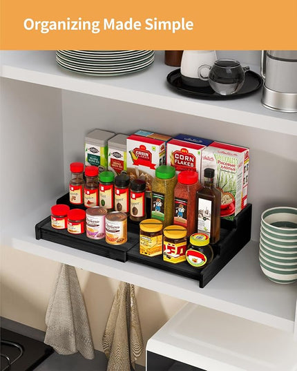Spice Rack, 3-Tier Expandable Bamboo Spice Rack Organizer for Cabinet - Kitchen, Pantry and Cupboard Storage Organizer-Black