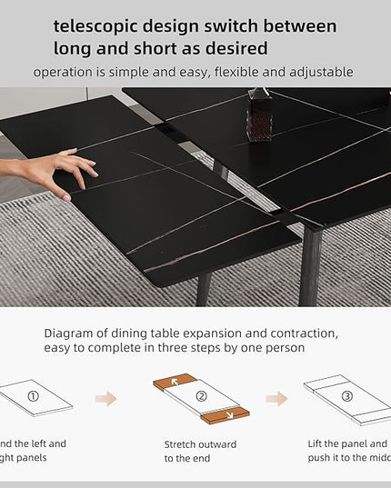 Extendable Dining Table (62.9" to 94.4") for 6 to 10 - Modern Rectangular Sintered Stone Table with High Hardness and Easy Maintenance - Stylish Black