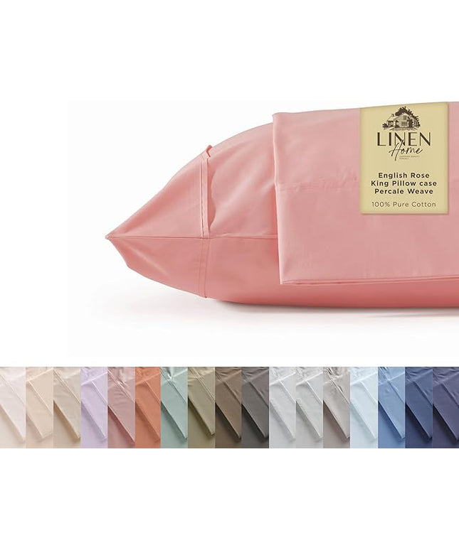 Linen Home 100% Cotton Percale Pillowcases King Size, English Rose, 2 Pieces of Pillow Case, Crisp and Cool Strong Bed Linen, 20 inches X 40 inches
