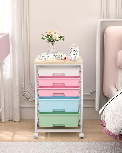 Utility Cart with 5 Drawers,Storage Drawer Cart with Wooden Tabletop and Lockable Wheels,Craft Storage Trolley Cart,5-Tier Rolling Utility Cart on Wheels,Rainbow