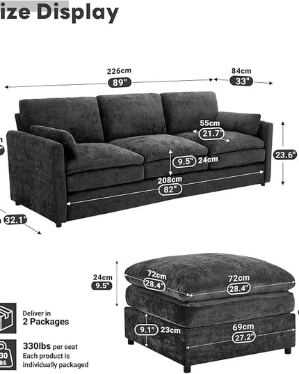 Tbfit Living Room Furniture Set, Standard Sofa & Ottoman, Modern Comfy Cloud Sofa Set, Spring Seat Cushions, Chenille, Dark Gray