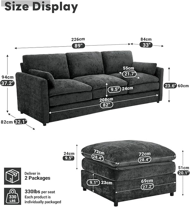 Tbfit Living Room Furniture Set, Standard Sofa & Ottoman, Modern Comfy Cloud Sofa Set, Spring Seat Cushions, Chenille, Dark Gray