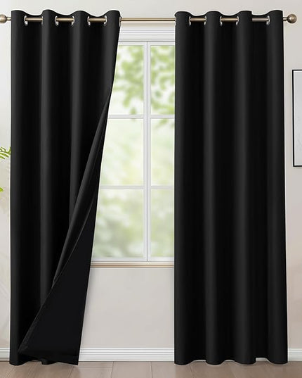 BONZER 100% Blackout Curtains 84 inches Long - 4 Panels Thermal Insulated Light Blocking Window Drapes, Single Layer Grommet Curtain with Black Laminated Backing for Bedroom/Living Room, Black