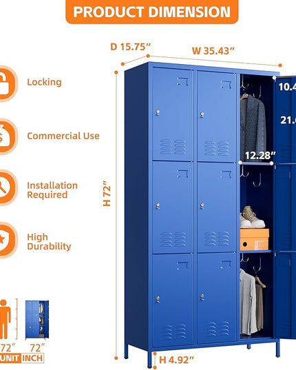 Aobabo New 9 Doors Metal Storage Locker for Employees, Lockable Steel Locker with Name Card Slot and 27 Hooks for School Office Gym Garage, Blue, Assembly Required
