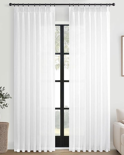 Topfinel Beige White Pinch Pleated Semi Sheer Curtains Textured Linen Blended Light Filtering Window Curtains 94 inch for Living Room Bedroom Pinch Pleat Drapes with Hooks 2 Panels 40" Wx94 L