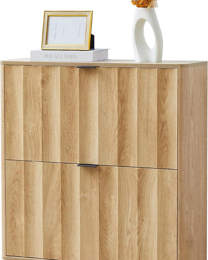 31.5” Fluted Shoe Cabinet Storage with 2 Flip Drawers,Narrow Freestanding Shoe Storage Organizer,Slim Shoe Rack Cabinet for Entryway,Hallway (Natural)