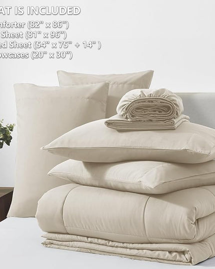 CozyLux Full Size Comforter Sets Oatmeal, 7 Pieces Bed in a Bag, Oatmeal Comforter Full Size, All Season Bedding Sets with Stitch Quilted Comforter, Flat Sheet, Fitted Sheet, Pillowcases