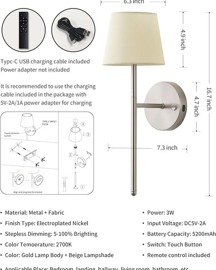 Wall Sconces Battery Operated Set of Two, Small Rechargeable Wall Lights with Remote, 5200mAh Fabric Shade Cordless Wall Lamp for Bedroom, Hallway, Living Room, Dining Room, Picture (Silver)