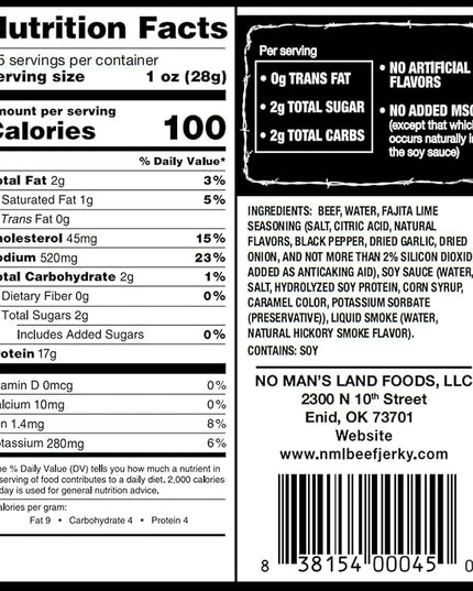 No Mans Land Beef Jerky - Fajita Lime | Slow-Dried, Smoked & Seasoned Jerky Strips | High Protein, Low Carb, Low Calorie Beef Snack | Gluten Free - 8.5oz Bag