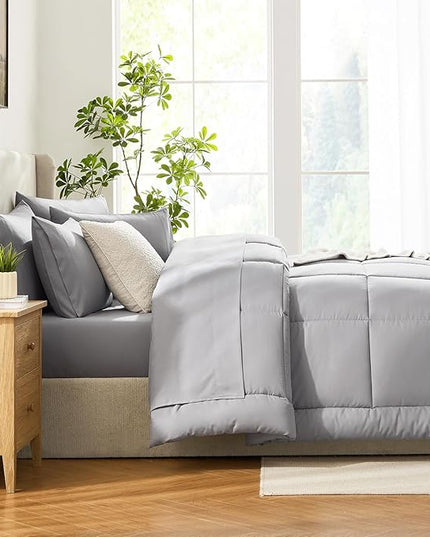 CozyLux Queen Comforter Set Grey, 7 Pieces Bed in a Bag, Gray Comforter Queen Size, All Season Bedding Sets with Stitch Quilted Comforter, Flat Sheet, Fitted Sheet, Pillowcases