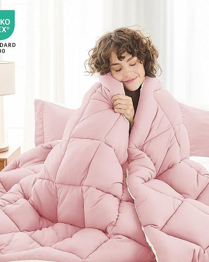 MUXHOMO 7 Pieces Full Comforter Set, Reversible Bed in a Bag Full Size, All Season Bedding Set with Comforter, Flat Sheet, Fitted Sheet, Pillowcases & Shams, Light Pink & Ivory