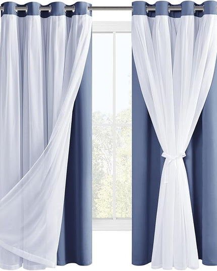 Hiasan Blackout Curtains with Sheer Overlay, Thermal Insulated Mix & Match Double Layer Room Darkening Window Curtains for Bedroom,Living Room,Nursery 2 Panels with Tiebacks (52W X 63L,Blue Haze)