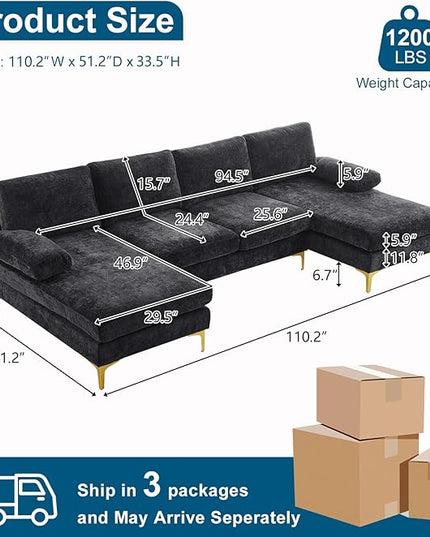 VINGLI 110" Large U-Shape Sectional Sofa Couch with 51" D Double Chaise for Living Room, Modern Sectional Couch Set with Soft 5.9" Thickness Seating Padding, Chenille Fabric,Metal Gold Legs(Black)
