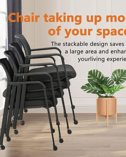 CLATINA Mesh Back Guest Reception Arm Chairs with Wheels, Waiting Room Chairs with Upholstered Fabric Seat and Ergonomic Lumbar Support for Office, 8PK