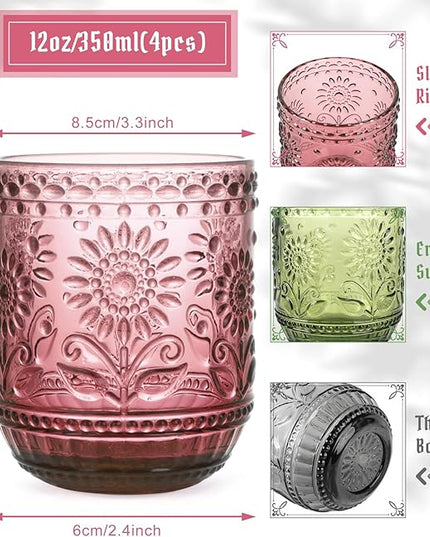 Glass Cups, Vintage Glassware Drinking Glass Set of 4, 12oz Colored Glassware with Sunflower Design, Embossed Floral Decorative Glasses Drinking Set for Cocktail, Wine, Vintage Drinking Glasses