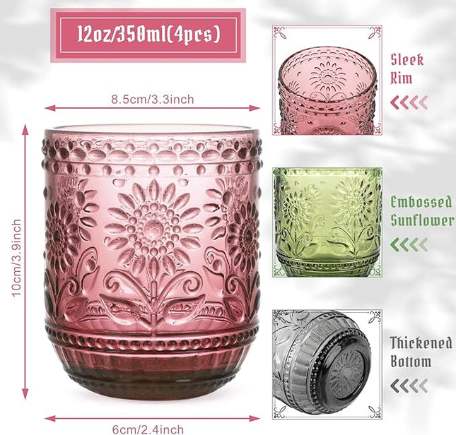 Glass Cups, Vintage Glassware Drinking Glass Set of 4, 12oz Colored Glassware with Sunflower Design, Embossed Floral Decorative Glasses Drinking Set for Cocktail, Wine, Vintage Drinking Glasses