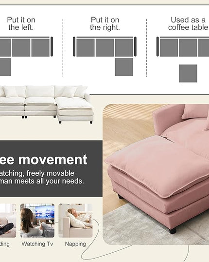 Modular Sectional Sofa,108.27'' Modern Sofa Sleeper Couch with 3 Seat & 1 Ottoman & 3 pillows Sofa Set,Comfy Cloud Couches with Movable Ottoman Deep Seat Sofa for Living Room Chenille (pink, L shaped)