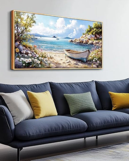 PHAOHUAXM Large Canvas Wall Decor For Living Room Wall Art For Bedroom Office Wall Decorations Print Marine Landscape Wood Framed Paintings Artwork Mural Stretched and Framed Beach Posters 24"X48"