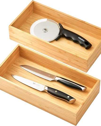 Umilife Bamboo Kitchen Utensils Organizer, Extra High Silverware Drawer Holder, Flatware Cutlery Storage Box, Multi-Use Drawer Divider in Office, Bathroom, Pantry - 12"x6"x2.5" (Set of 2)