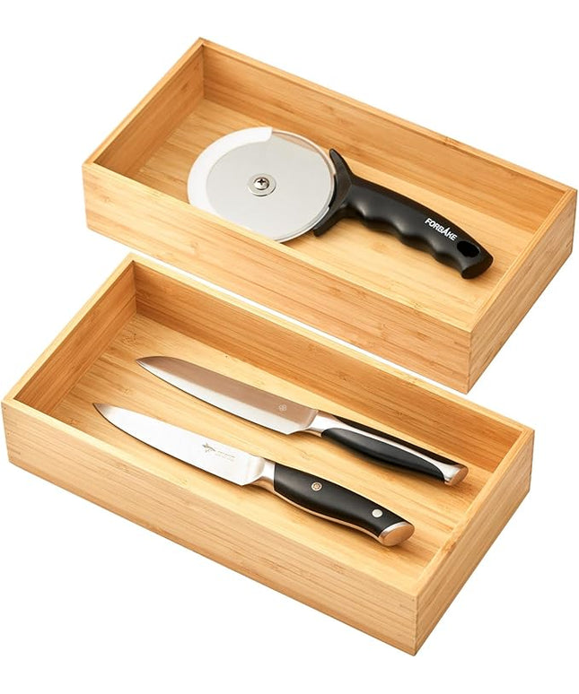 Umilife Bamboo Kitchen Utensils Organizer, Extra High Silverware Drawer Holder, Flatware Cutlery Storage Box, Multi-Use Drawer Divider in Office, Bathroom, Pantry - 12"x6"x2.5" (Set of 2)