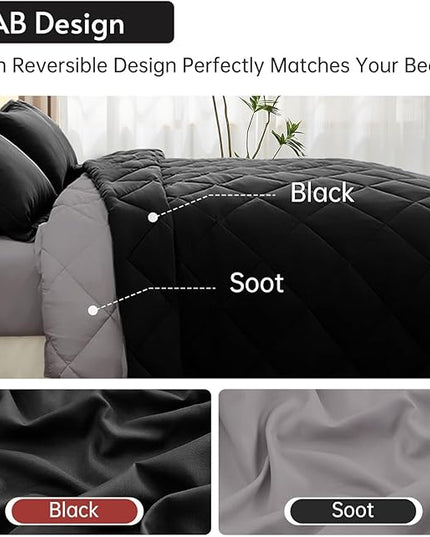 MUXHOMO 7 Pieces King Comforter Set, Reversible Bed in a Bag King Size, All Season Bedding Set with Comforter, Flat Sheet, Fitted Sheet, Pillowcases & Shams, Black & Soot