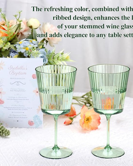 12 PCS Green Plastic Wine Glasses with Removable Stems 13.5 Oz Ribbed Wine Glasses Square White Wine Glass Muted Pastel Colors Goblets Elegant Fluted Glassware for Wedding Anniversary Birthday