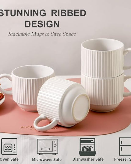 HASENSE Coffee Cups Set of 4 with Stand, 15 OZ Stackable Coffee Mugs with Handle for Tea, Cocoa, Cappuccino, Latte and Americano, Porcelain Vertical Stripe Coffee Cups for Men and Women, Pure White