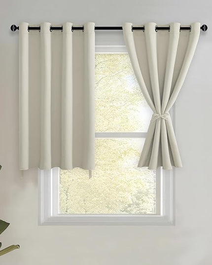 JIUZHEN Short Curtains Kitchen Half Window Blackout Curtains with Tiebacks for Baseroom Shadows, Grommet Curtains for Living Room, Set of 2 Window Curtain Panels, 52 x 30 Inch Length，Ivory