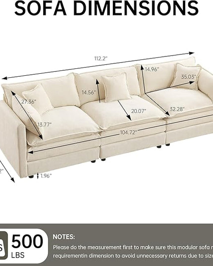 Modular Sectional Sofa, 112.2 Inch Rectangle Shaped Couch Set with Armrests, 3-Seater Comfy Cloud Couches for Living Room Apartment, Beige
