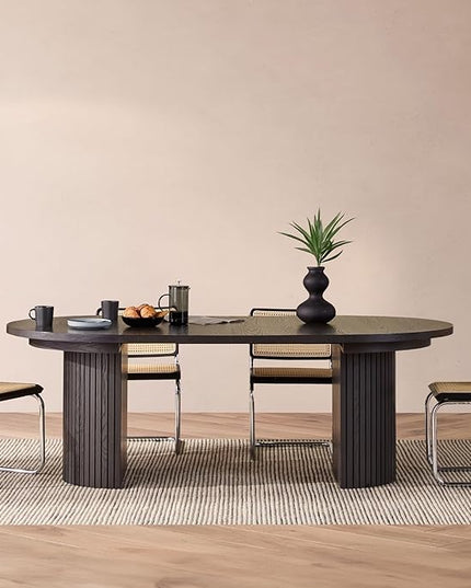 Transformer Table - Solid Wood Extendable Round Dining Table Set with Sideboard Panel Storage Cabinet, Extendable Round Dining Set, Smoked Hickory, Black Finish (Table + Storage)