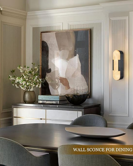 Alabaster Wall Sconce, 13.8" Natural Marble Wall Sconce, Black Alabaster Sconces, Indoor Modern Bathroom Sconces Wall Lighting for Living Room, Bedroom, Hallway, Stairs